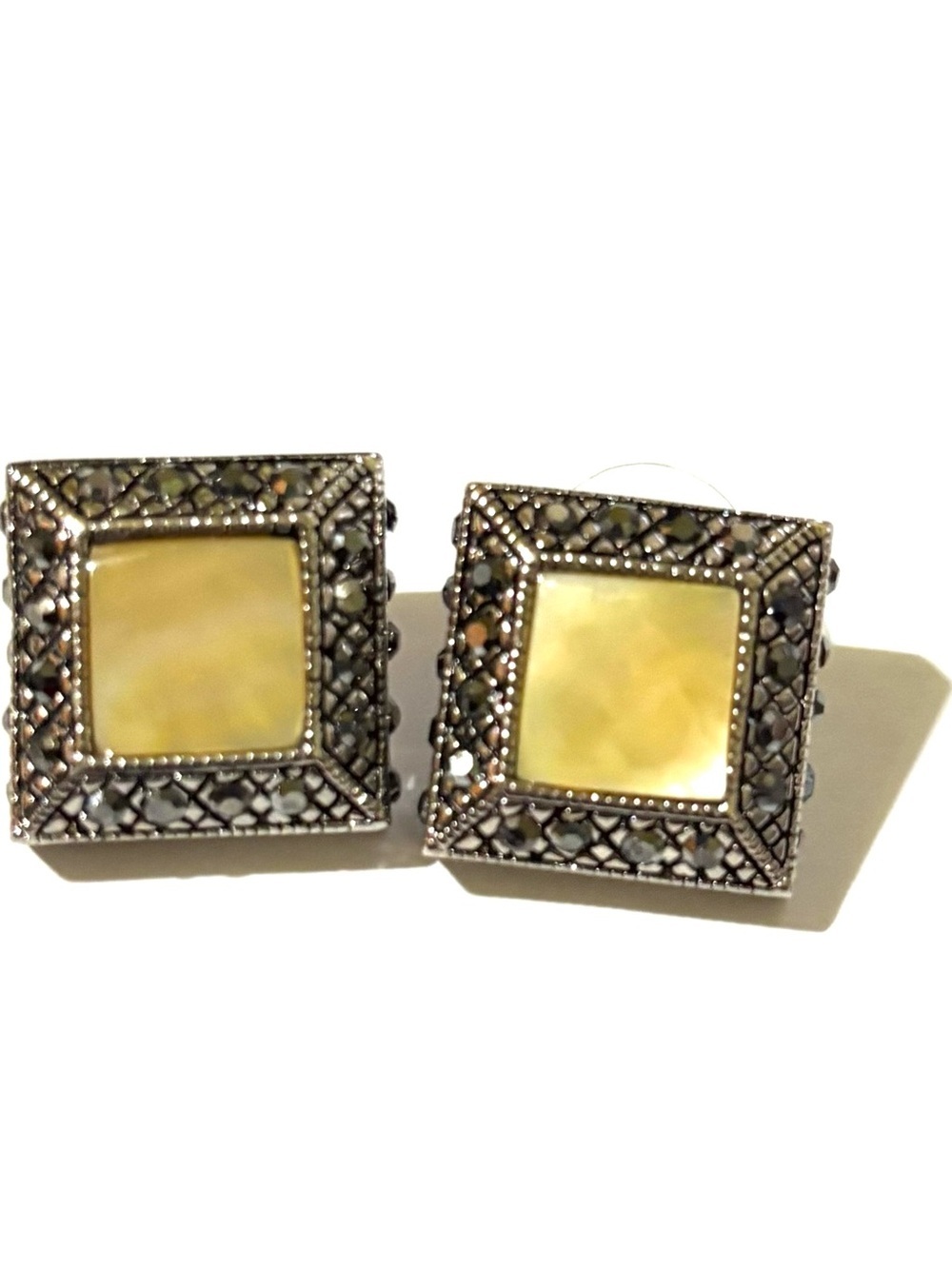 Vintage Yellow Mother-of-Pearl Square Filigree Earrings